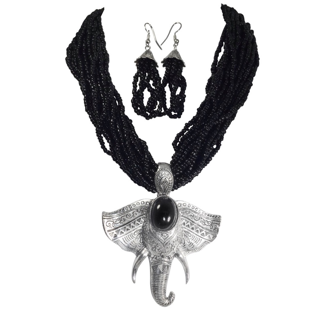 Large Elephant Head On Layered Seed Bead Necklace Earrings Set